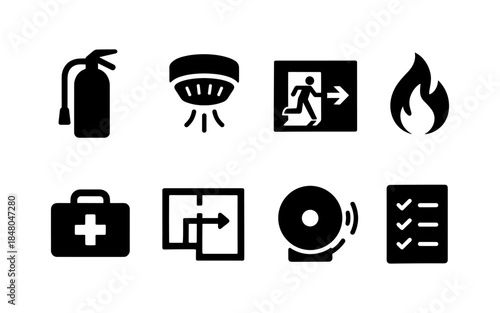 Collection of safety and emergency icons including fire extinguisher, smoke detector, and exit sign
