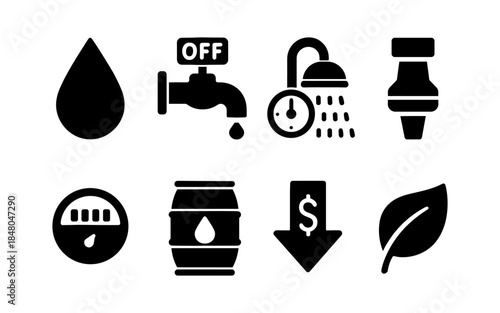 Set of icons representing water conservation, saving money, and environmental protection
