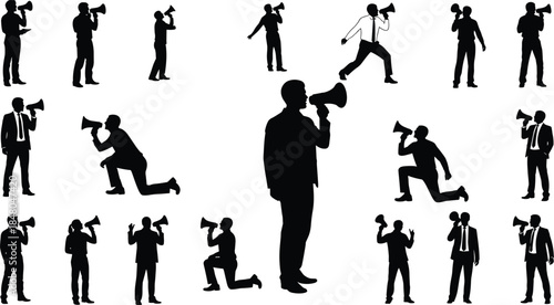 People Silhouettes Set with Megaphones, Public Speaker Poses, Business Communication, Announcement Icons, CAD Drawing, Flat Vector Illustration, Marketing Graphic Elements.