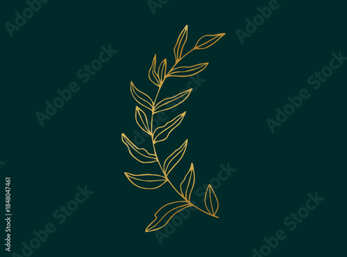 Minimalist Golden Botanical Branch Line Art on Dark Green Background
