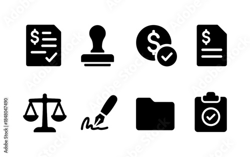 Collection of legal and financial icons representing contracts, justice, and approval
