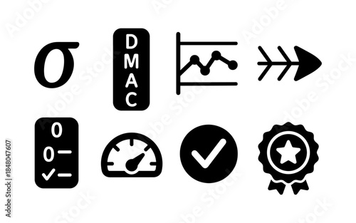 Collection of business and quality improvement icons on a white background