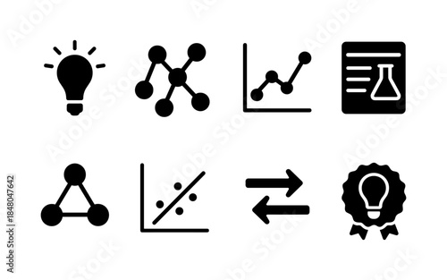 Collection of science and data analysis icons including a lightbulb, molecular structures, and graphs