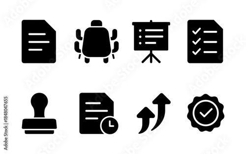 Collection of business and finance icons representing documents, meetings, and success