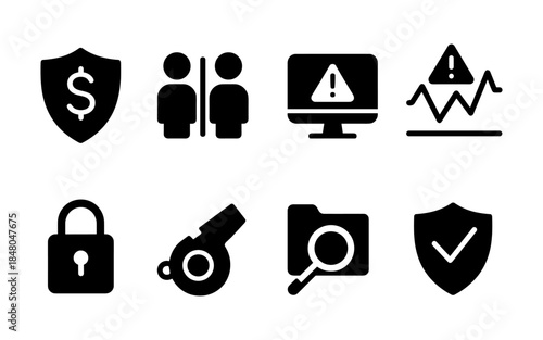 Collection of security and safety icons including lock, shield, and whistle