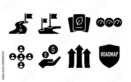 Collection of business strategy icons including roadmap, growth, and finance concepts