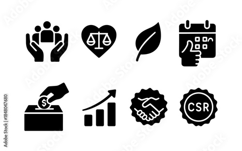 Corporate social responsibility icons representing ethics, community, environment, and growth