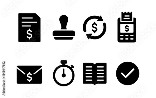 Collection of financial and business icons representing various services and operations