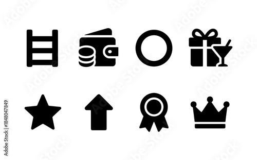Collection of eight simple black icons representing achievements and rewards