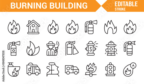 Fire disaster and rescue outline icons set