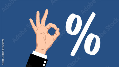 A hand forms an OK gesture next to a large percentage symbol on a blue background.