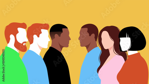 Diverse group of people with different skin tones and hair colors facing each other.