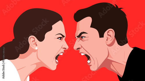 A man and a woman are shown in a close-up profile view, screaming at each other with intense anger and frustration.