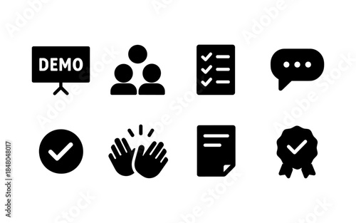 Collection of business and success icons including demo, team, checklist, and award
