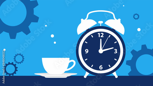 A white teacup and saucer sits next to a classic alarm clock with gears in the background.