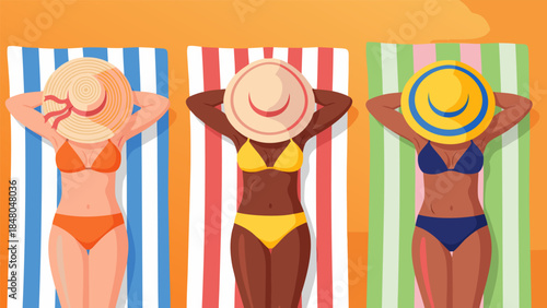 Three women in bikinis and sun hats relaxing on beach towels on a sunny day.