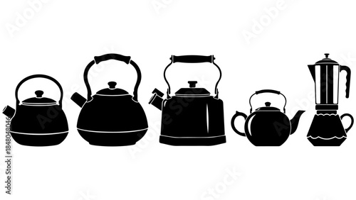 A collection of five black silhouette kitchenware items, including teapots and a coffee maker, arranged horizontally against a white background.