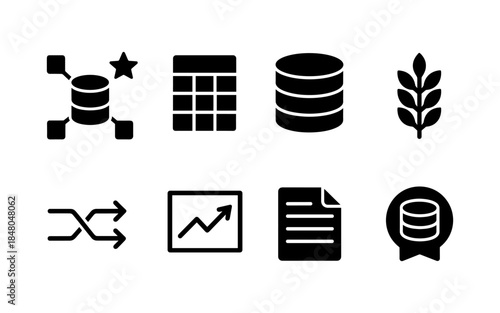 Collection of eight black icons representing data, finance, and agriculture concepts