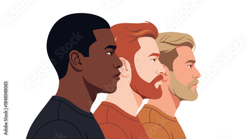 Three men of diverse ethnicities and hair colors stand in profile against a white background.