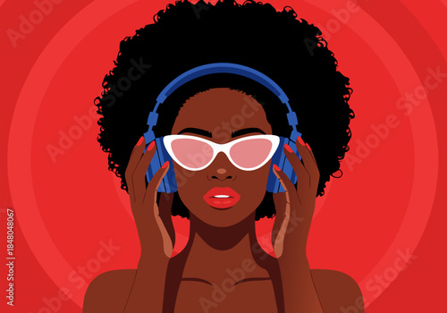 A stylish Black woman with an afro, wearing sunglasses and headphones, against a vibrant red background with concentric circles.