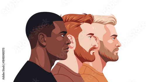 Three men of different ethnicities and hair colors shown in profile against a white background.