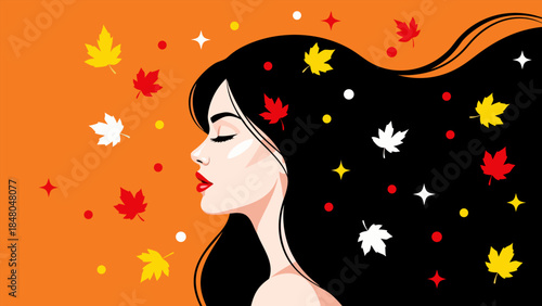 A stylized illustration of a woman with long black hair adorned with colorful autumn leaves and stars against an orange background.