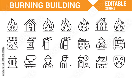 Monochrome fire hazard and rescue service icon collection