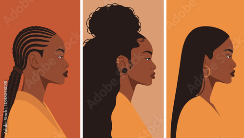Three profiles of Black women showcasing diverse hairstyles: cornrows, a high bun, and straight hair.