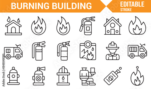 Emergency fire response and safety icons in modern linear design