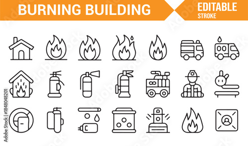 Outline style fire protection and firefighter icons