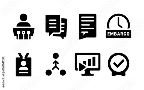 Collection of business and communication icons representing meetings, data, and status