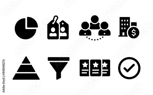 Collection of business and finance icons representing data, people, and success