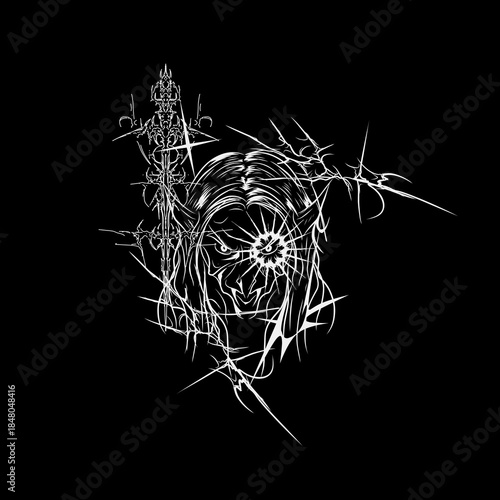 Demonic abstract face illustration with cyber sigilism chaotic sketch lines in dark surreal style, suitable for horror, metal, tattoo, and anime fans designs
