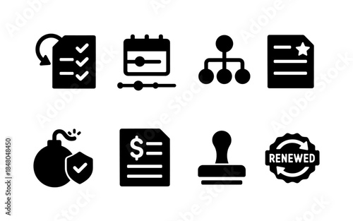 Collection of business and finance icons including checklist, calendar, organization, document, bomb, and stamp