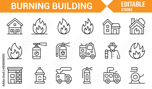 Editable burning building and fire emergency icons in outline vector style