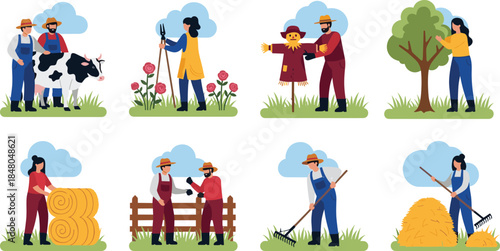 Farmers working together agriculture activities illustration set rural lifestyle harvesting planting livestock teamwork flat vector design farming community sustainable food 