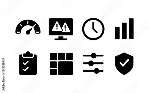 Collection of eight black icons representing business and technology concepts