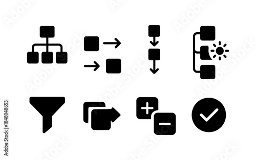 Collection of simple black icons representing business processes and data management