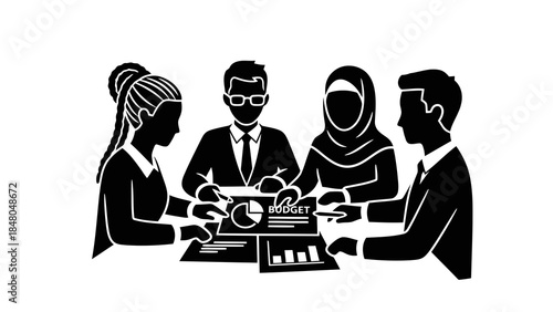 Diverse business team collaborates on budget and financial reports