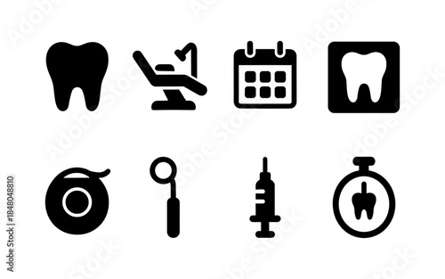 Collection of dental care icons including tooth, chair, calendar, x-ray, floss, mirror, syringe, and timer