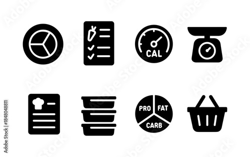 Healthy eating icons for diet and nutrition planning, meal prep, and grocery shopping