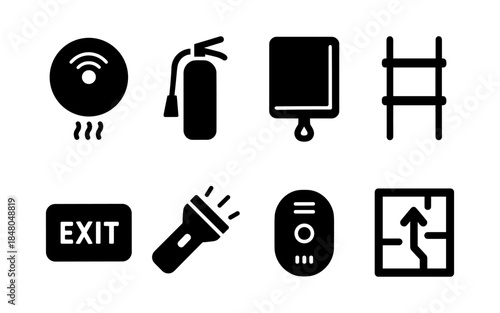 Set of safety and emergency icons including fire extinguisher, exit sign, and map
