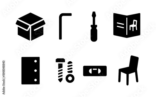 Flat icons for furniture assembly kit with tools and instructions