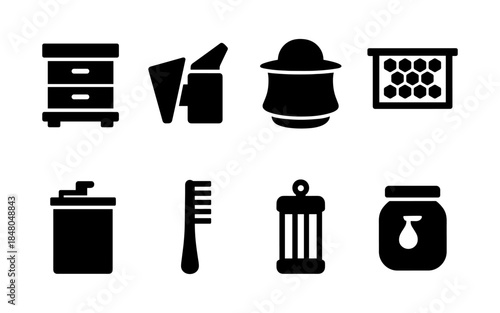 Collection of beekeeping equipment icons in a simple black and white graphic style