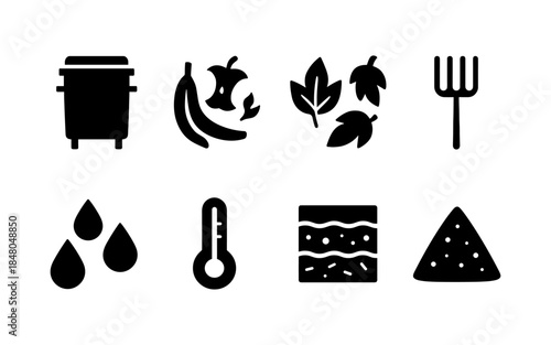 Composting icons showing organic waste, leaves, and soil conditions for gardening
