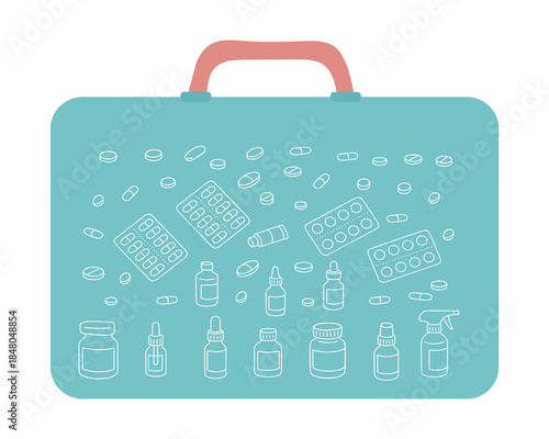  Vector illustration of a suitcase filled with various medical supplies, such as pills, bottles, and blister packs. Useful for healthcare, travel, or pharmacy-related themes.