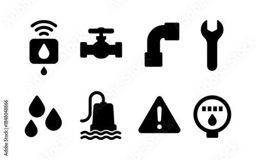 Collection of plumbing and water system icons including smart sensor, valve, pipe, wrench, and gauge