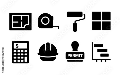 Construction and renovation icons including blueprint, tape measure, paint roller, and calculator