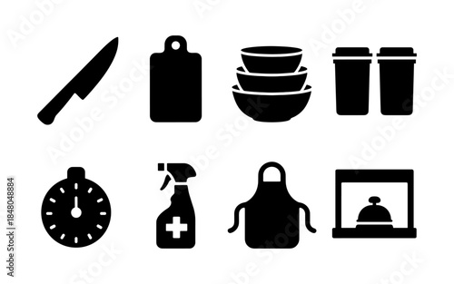 Collection of kitchen and service icons including a knife, cutting board, bowls, cups, timer, spray bottle, apron, and bell