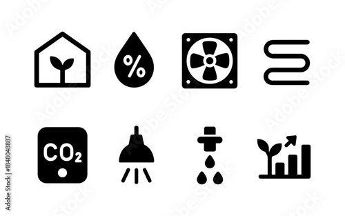 Set of icons representing elements of controlled environment agriculture and plant growth